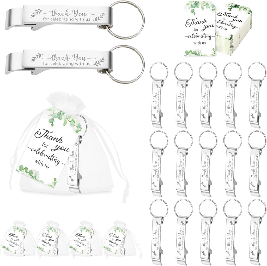 50 Sets Wedding Favors: Bottle Opener Keychains, Thank You Cards & Organza Bags for Guests