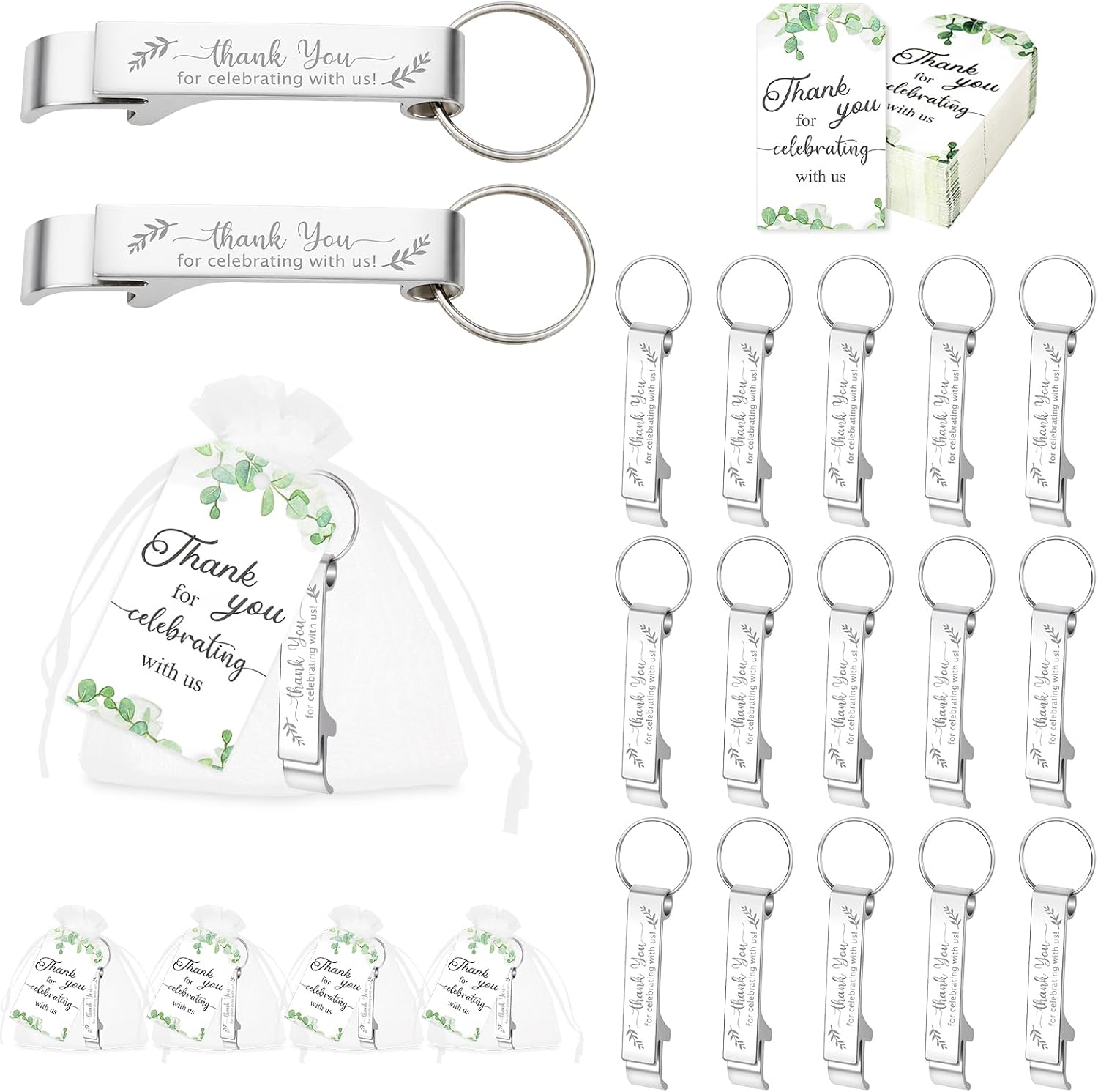 50 Sets Wedding Favors: Bottle Opener Keychains, Thank You Cards & Organza Bags for Guests