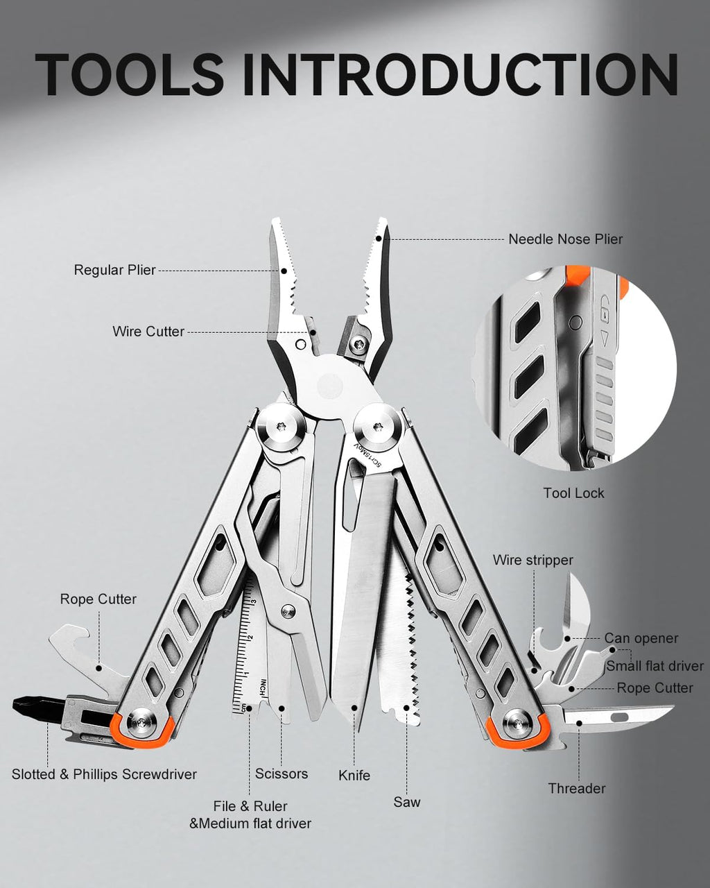 Strong 15-in-1 Multitool Pliers with Sheath, Stainless Steel, Grey | Folding Multi Tool, Needle Nose Pliers & Wire