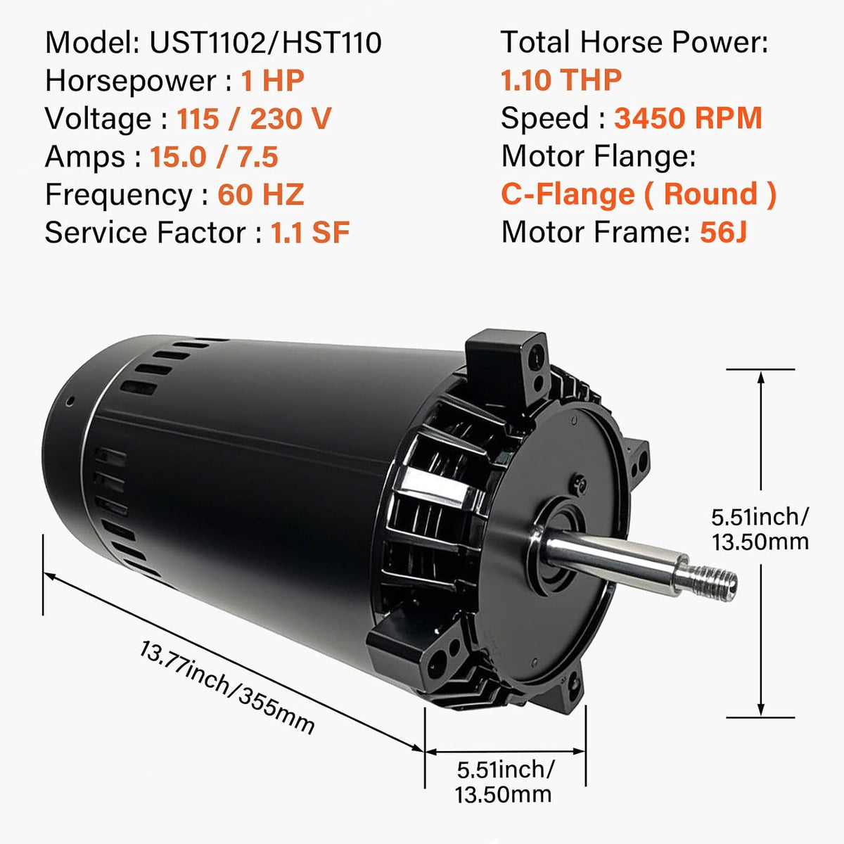 UST1102 1Hp Up-Rated Pool Pump Motor Replace for Century,Hayward/A.O. Smith