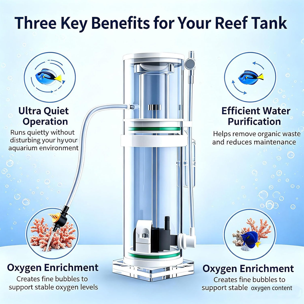 Protein skimmer for saltwater aquariums, suitable for coral tanks with a capacity of no more than 80 gallons. DC