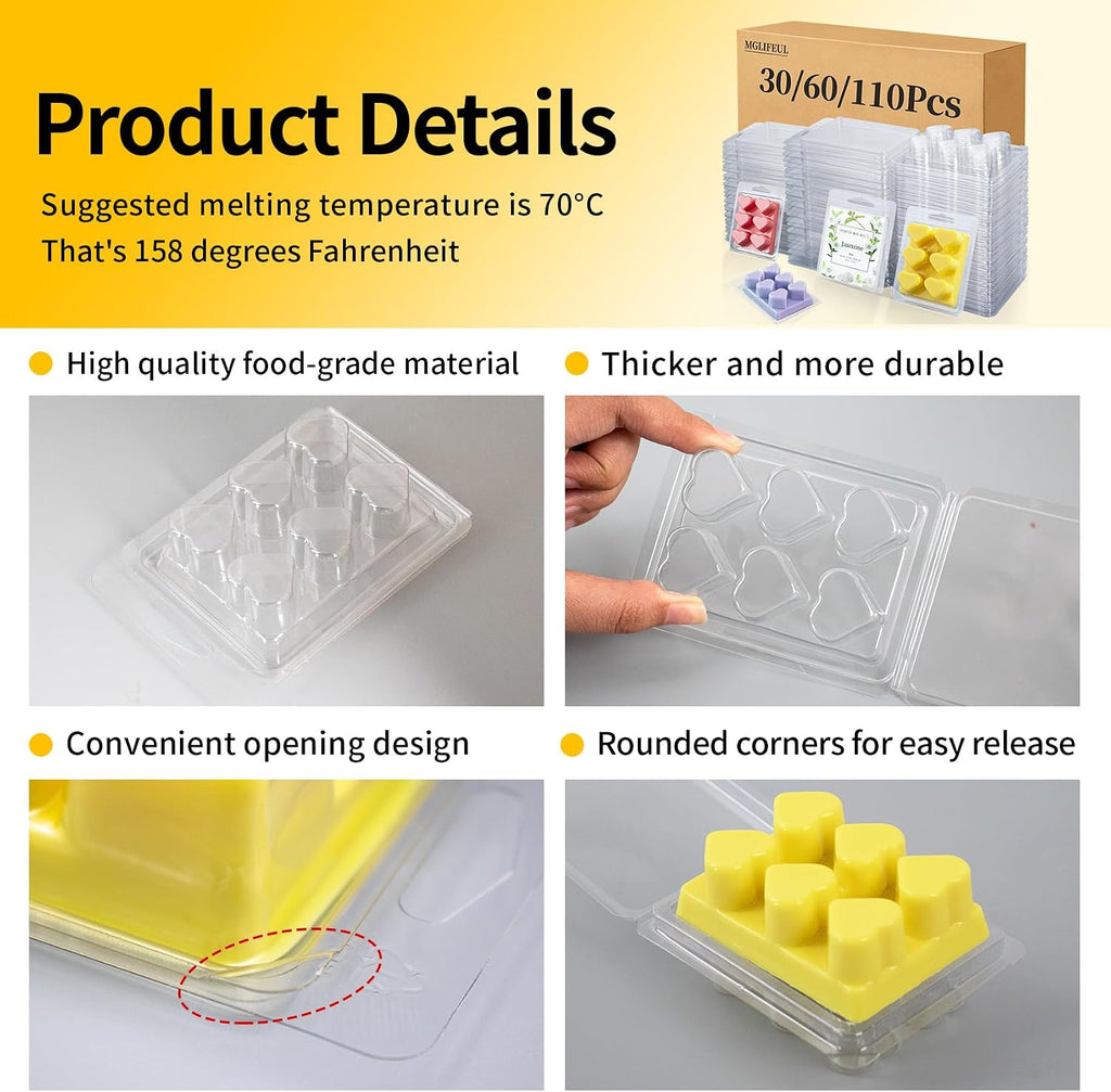 Wax Melt Container Clamshell Packaging Mold Box with Packaging Box | Plastic Clear Empty Wax Candle Melt Tart