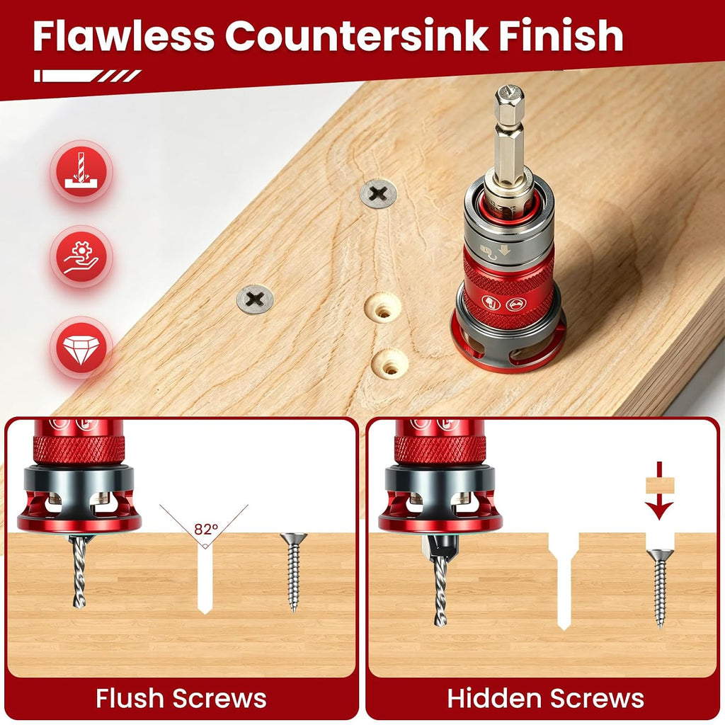Quick-Adjust Countersink Drill Bit Set, 5 PCS TCT Cutters & HSS Bits