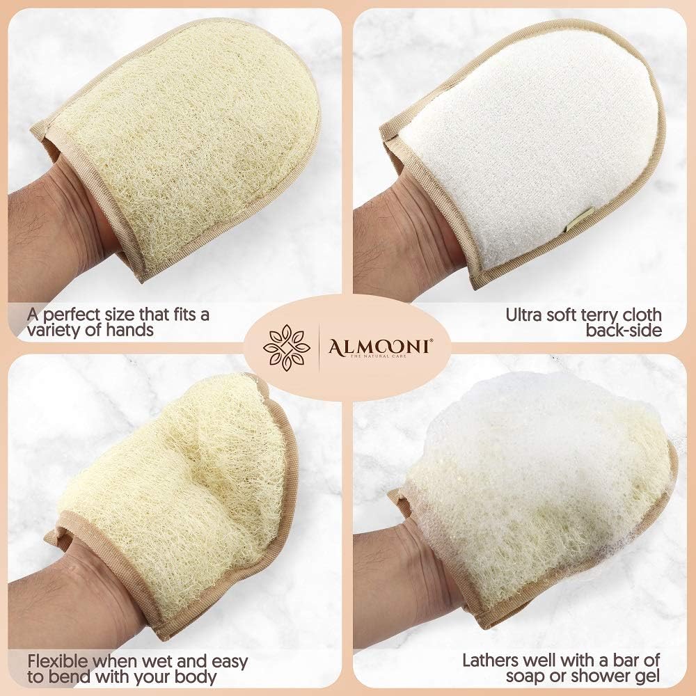 Egyptian Loofah Gloves for Women & Men, Real Natural Egyptian Loofah Mittens with Terry Cloth, Premium Exfoliating