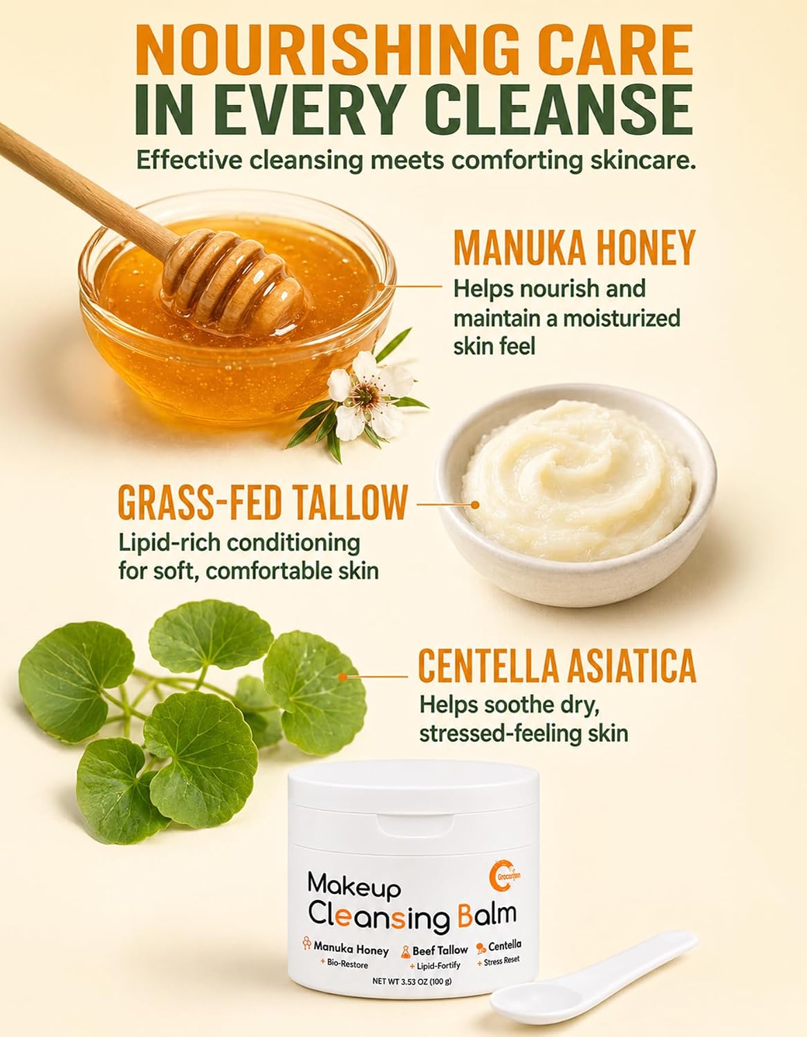 Makeup Remover Cleansing Balm with Manuka Honey & Tallow, 3.53 oz