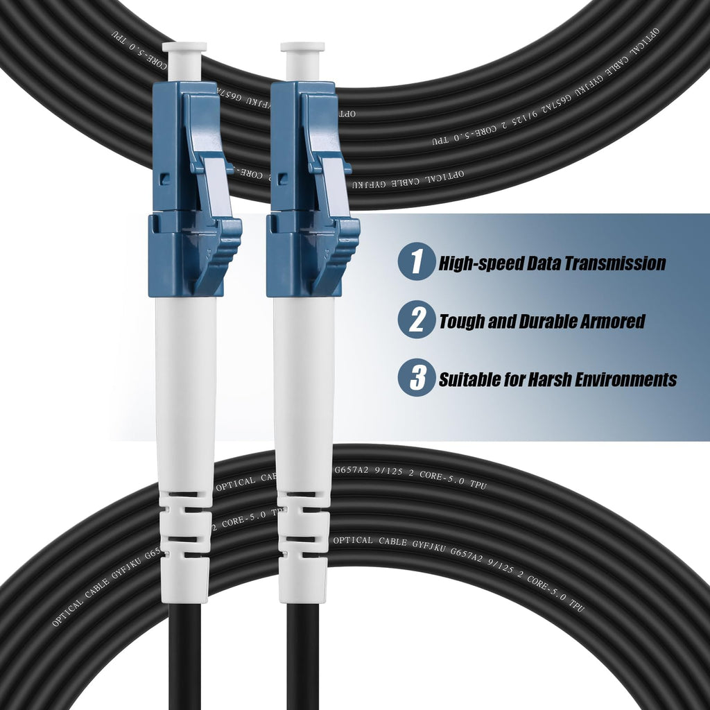 Outdoor LC to LC OS2 Fiber Patch Cable Singlemode TPU, 50M(165ft)