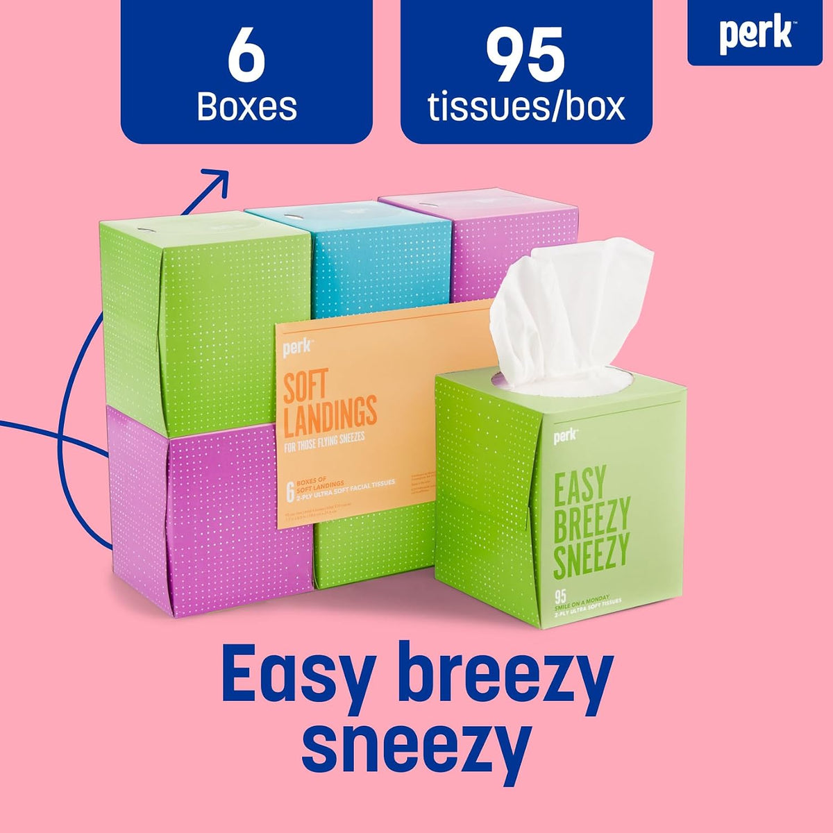 Ultra-Soft Facial Tissues, 2-Ply, 95 Tissues/Box, 6 Cube Pack