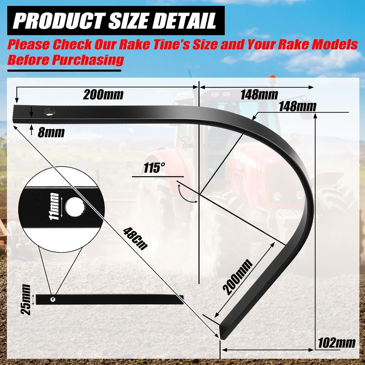 6 Pack Rock Rake Tines 1" x 5/16" Landscape Rake Tine One Bolt Mount Replacement Heat-Treated Clam Tines for Tractor