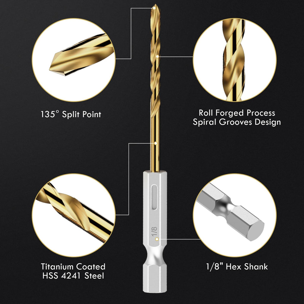 MACXCOIP 16Pcs 1/8" Hex Shank Titanium Twist Drill Bit Set
