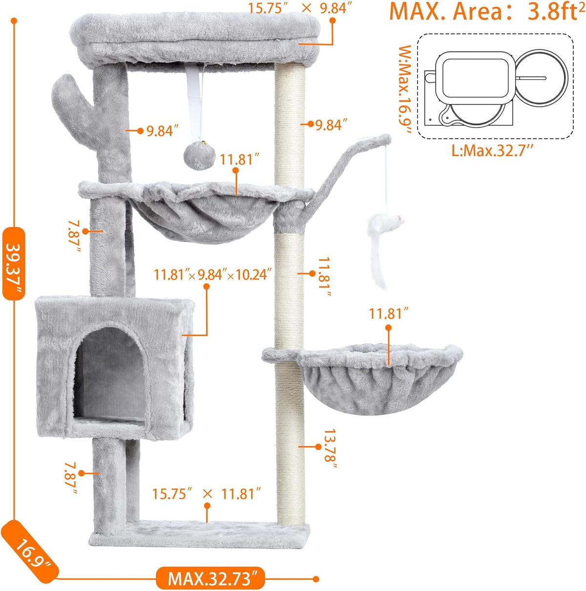 Cat Tree, 39" Tower with All-Sisal Wrapped Scratching Post HCT006SW
