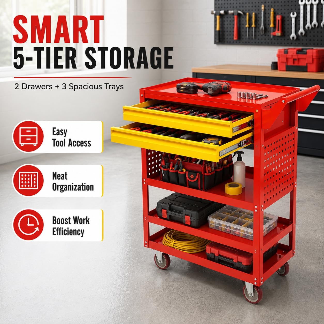 Rolling Tool Cart 400lbs Capacity, 5-Tier Steel Utility Service Cart with 2 Drawers, Heavy Duty Workshop Storage