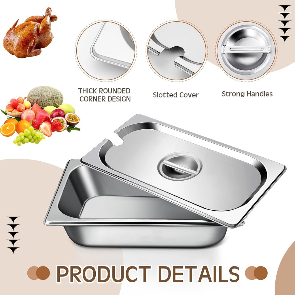6 Pack 1/3 Steam Table Pan Covers Stainless Steel Hotel Pan Lid with Handle Catering Food Pan Cover Slotted Notched