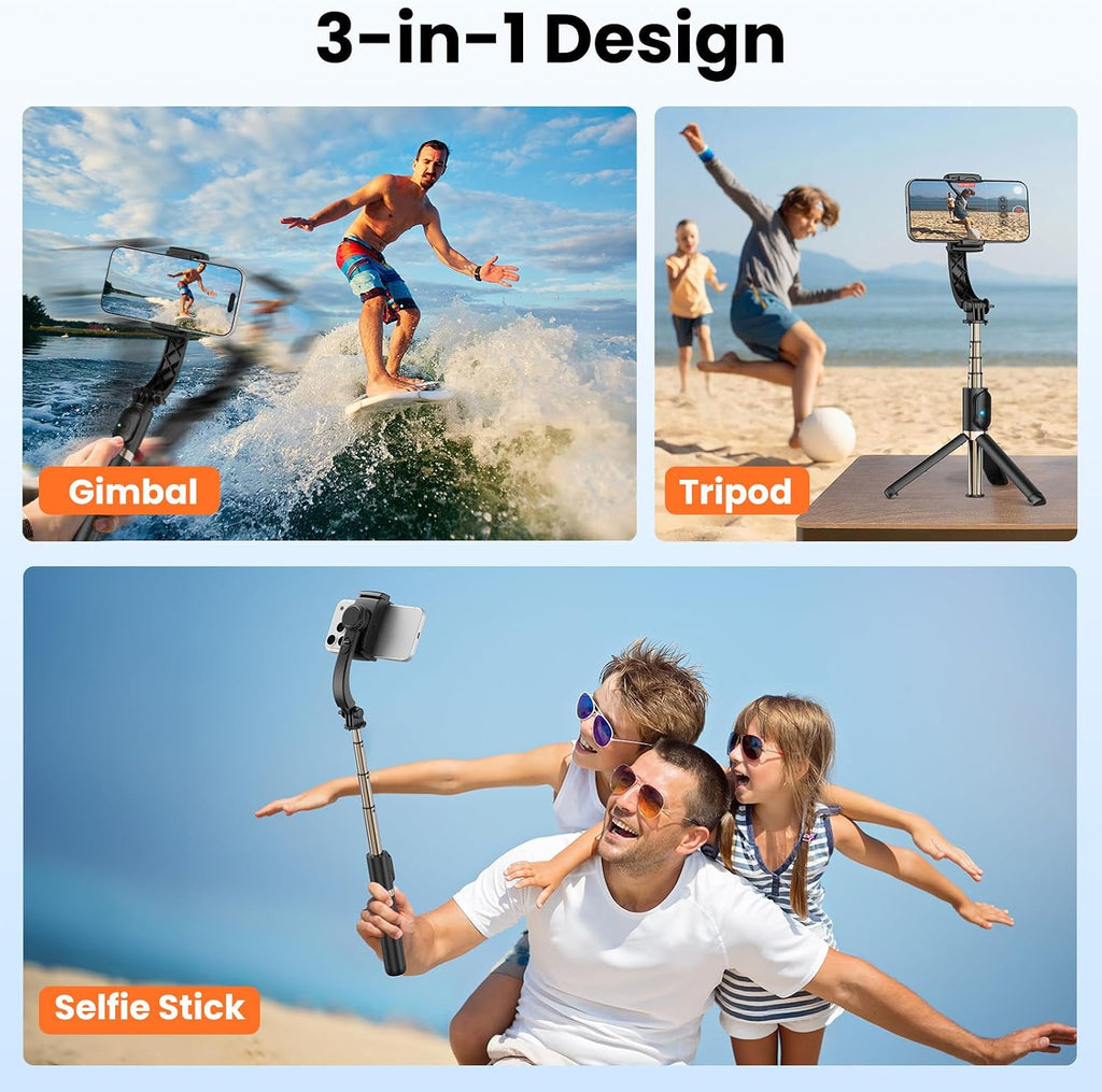 Gimbal Stabilizer for Smartphone, 1-Axis Auto Balance Handheld Gimbal, 360° Rotating Extendable Selfie Stick Tripod