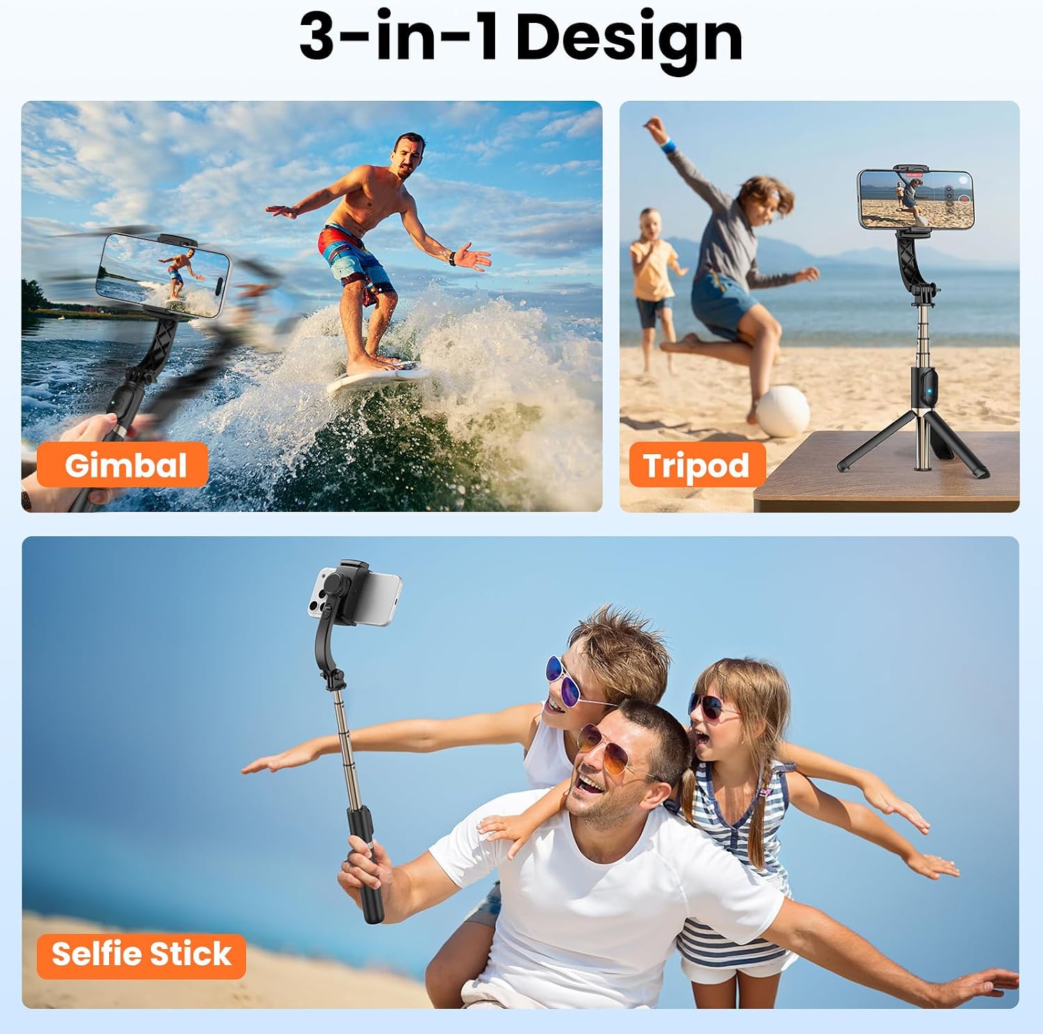 Gimbal Stabilizer for Smartphone, 1-Axis Auto Balance Handheld Gimbal, 360° Rotating Extendable Selfie Stick Tripod