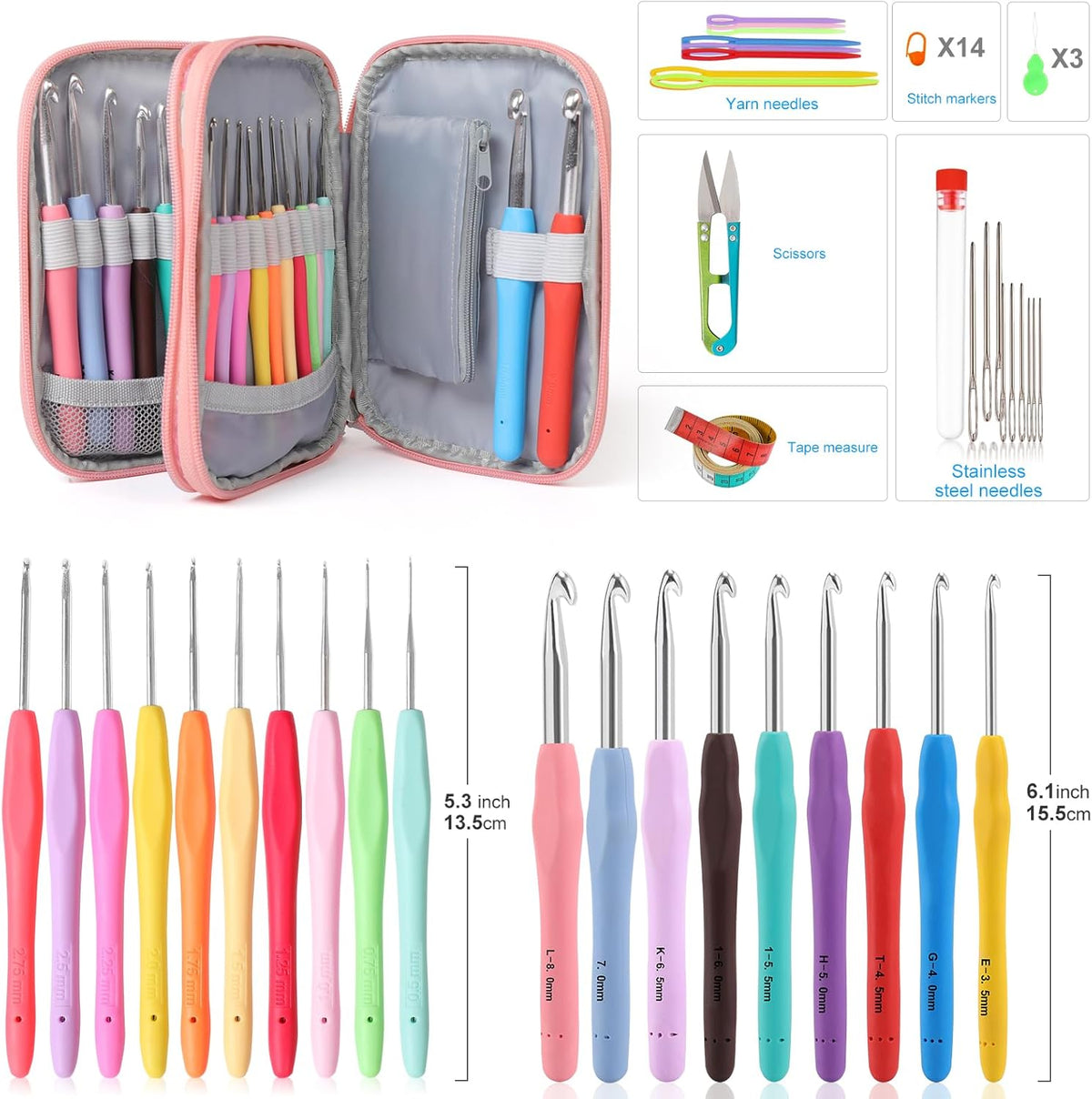 21 Sizes Ergonomic Crochet Hooks Set 0.5–10.0mm with Case, Soft Grip Crochet Needles for Crocheting Comfort