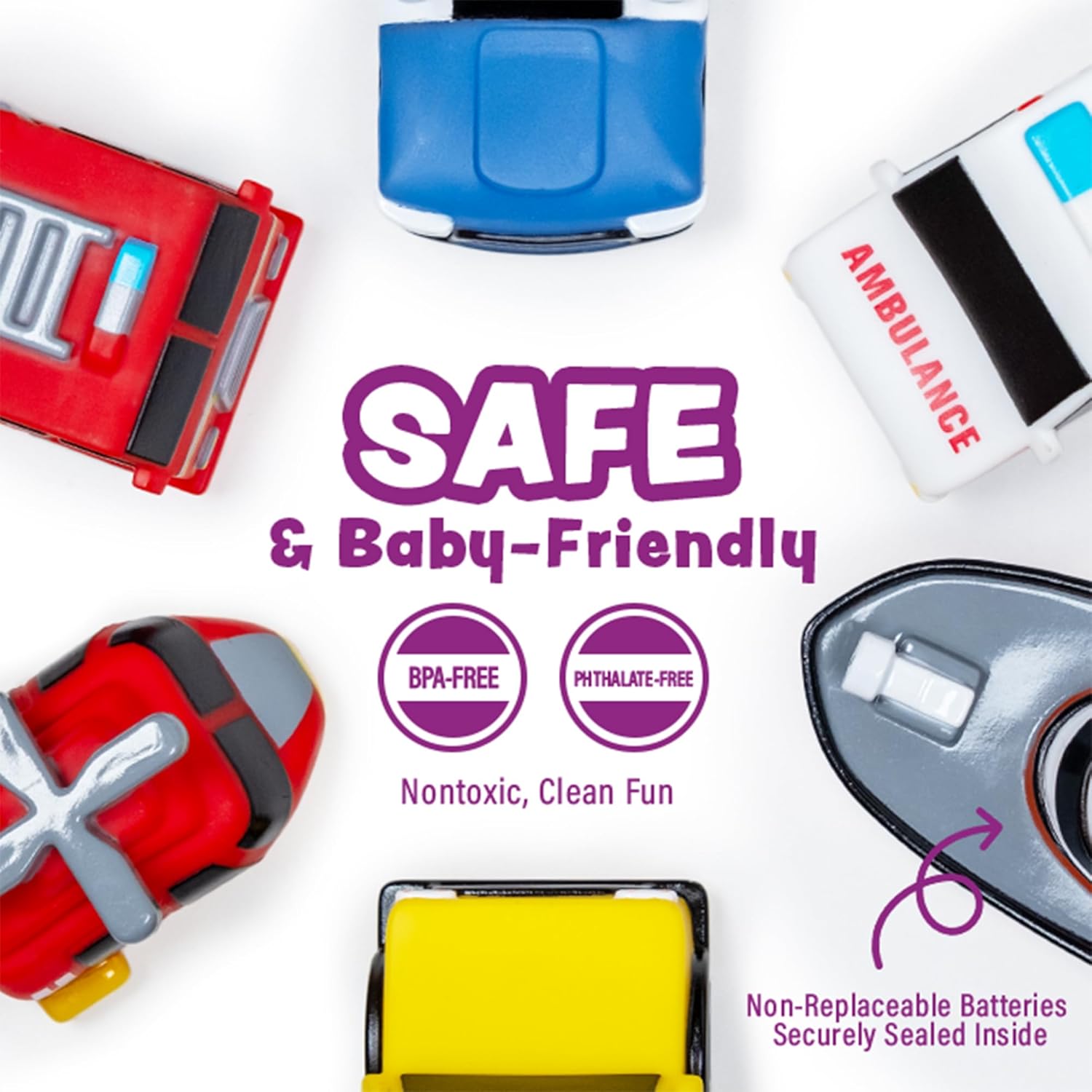 Emergency Cars Light Up Bath Toys, 6 Pack | Water-Activated Light Up Toys Flash & Change Color | Soft, Squeezable