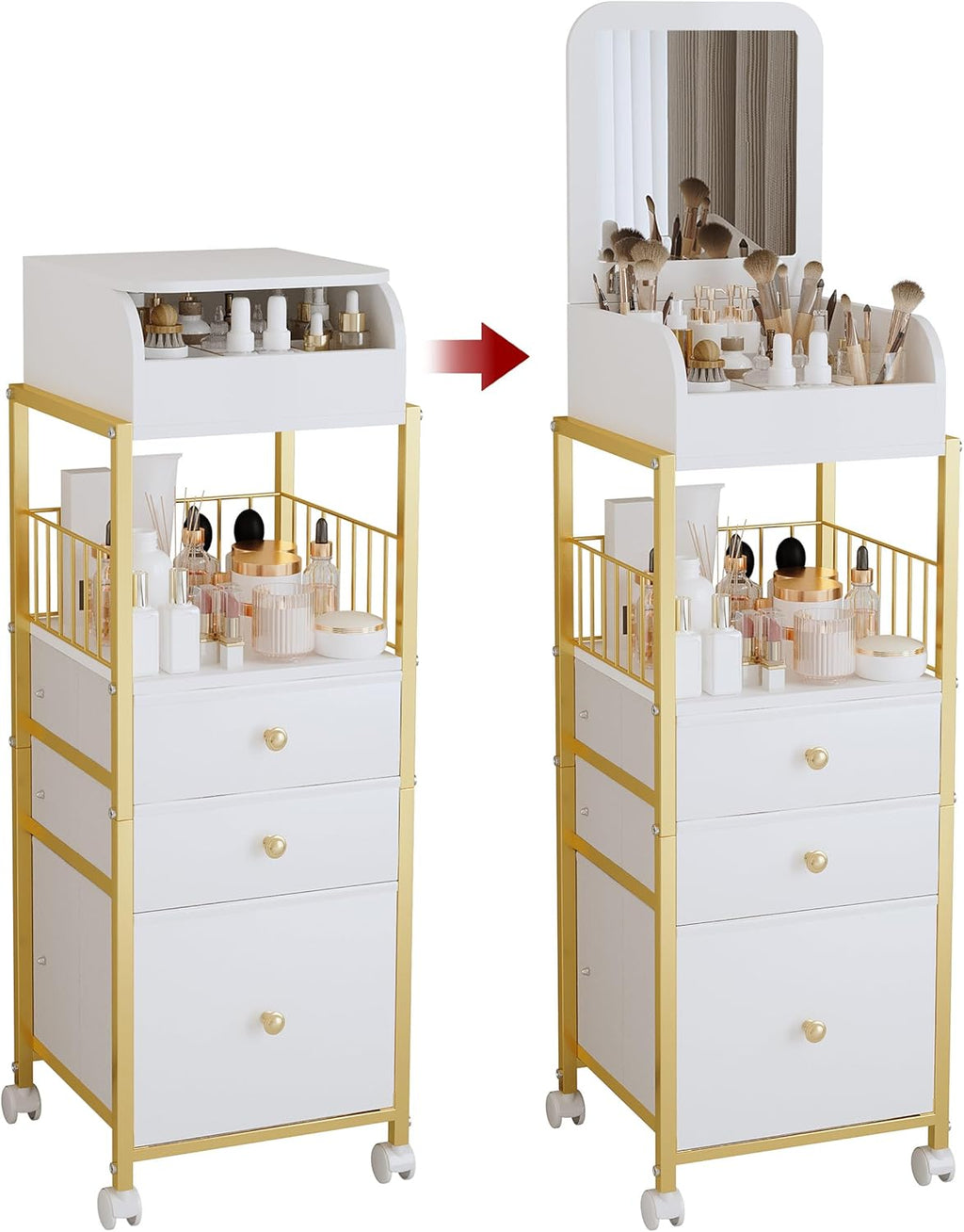 Makeup Cart Organizer with Mirror, Floor Makeup Organizer Large | Make Up Organizers Vanity Cart Cosmetic Display