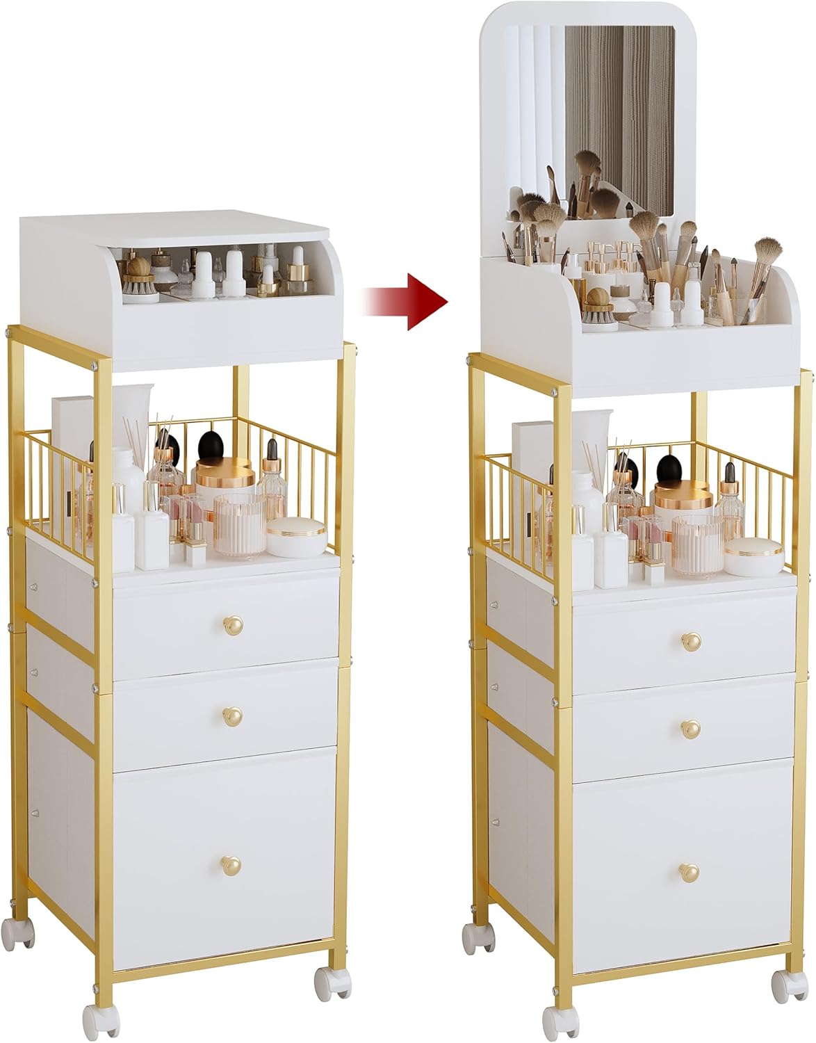 Makeup Cart Organizer with Mirror, Floor Makeup Organizer Large | Make Up Organizers Vanity Cart Cosmetic Display