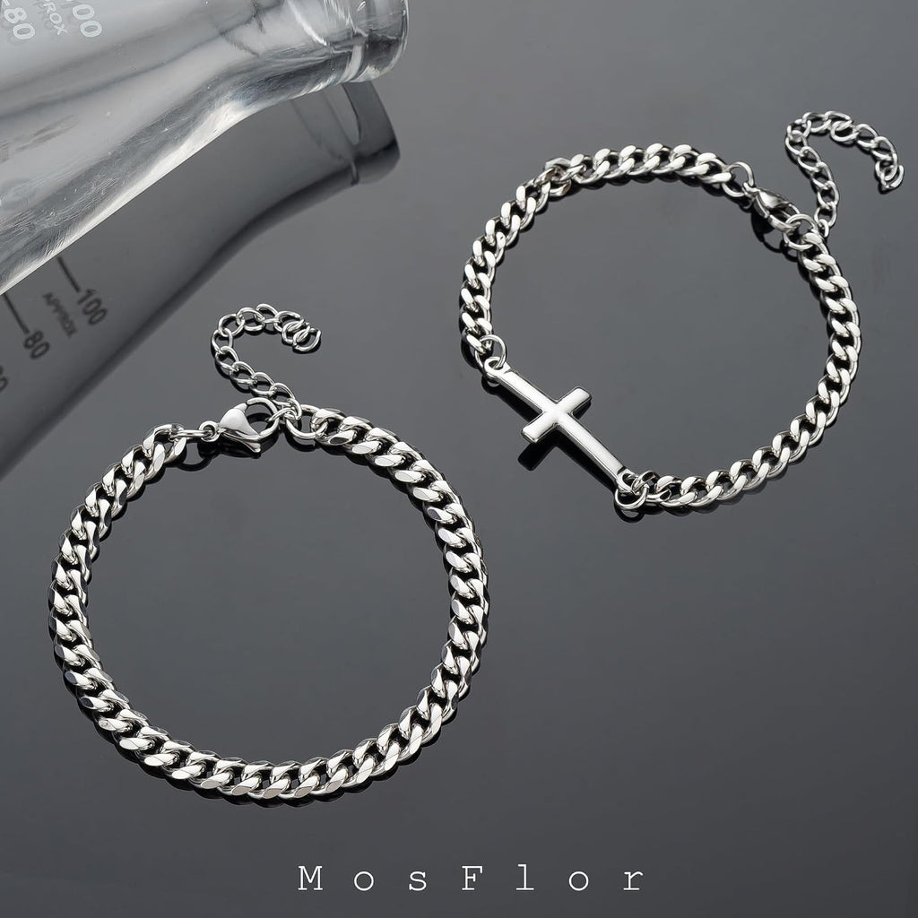 Cross Bracelet for Men, Silver/Gold/Black Mens Cross Bracelets Stack Stainless Steel Cuban Link Chain Bracelet Set