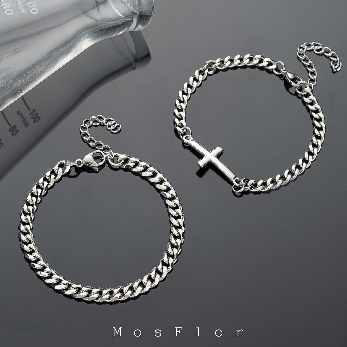 Cross Bracelet for Men, Silver/Gold/Black Mens Cross Bracelets Stack Stainless Steel Cuban Link Chain Bracelet Set