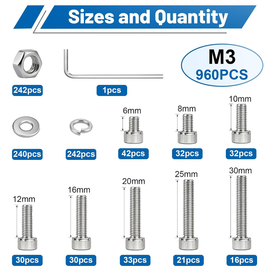 960PCS M3 Hex Socket Screws Assortment Kit, M3x6/8/10/12/16/20/25/30mm