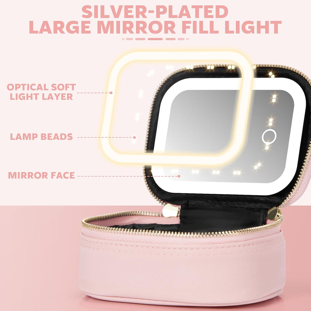 Mini Makeup Bag with Led Mirror, Small Travel Make up Bag 3 Light Modes Adjustable Brightness, for Women Organizer