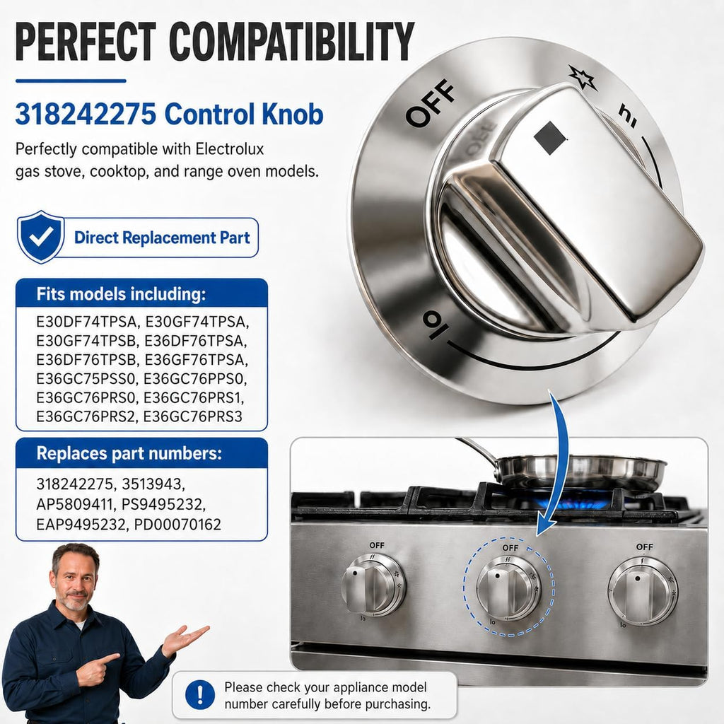 318242275 Burner Control Knob Replacement for electrolux Gas Stove Range Cooktop, Fits E30DF74TPSA E30GF74TPSA E36DF76TPSB, Replace 3513943 AP5809411 PS9495232 EAP9495232 (1)