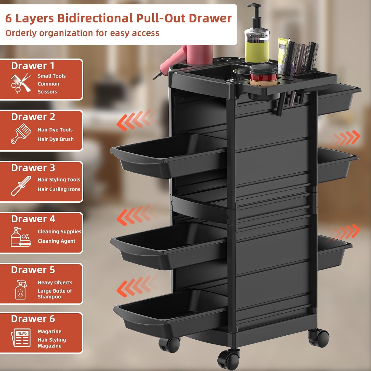7-Layer Salon Trolley Cart with 6 Drawers for Hair Stylist | Professional Salon Rolling Cart with Wheels, Portable