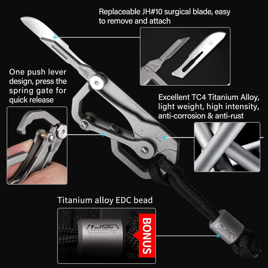 KU00 Titanium Quickdraw Carabiner Multitool with Folding Knife | B Shape, 2 Inch Ruler, Compact Pocket Size
