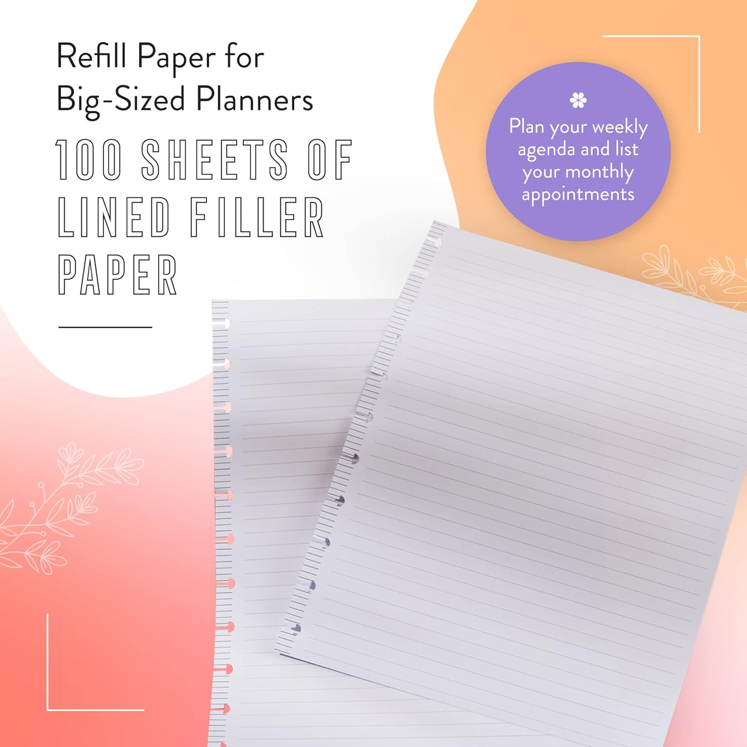 Happy Planner Plans + Notes Planner Refill Paper, 100 Sheets of Lined Refill Paper for Journals, Big Size