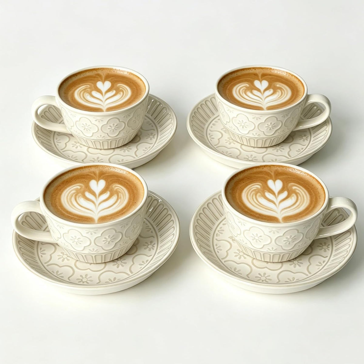 Cappuccino Cups with Saucers, 10 oz Ceramic, Set of 4