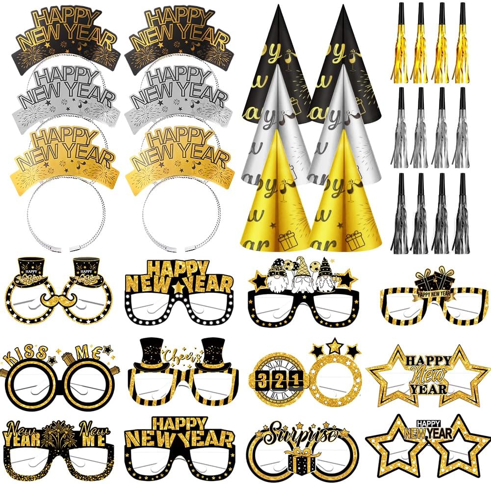 New Year’s Eve Party Supplies 2026– Includes Happy New Year Headbands, Cone Hats, Party Glasses, and Tassel Squawkers