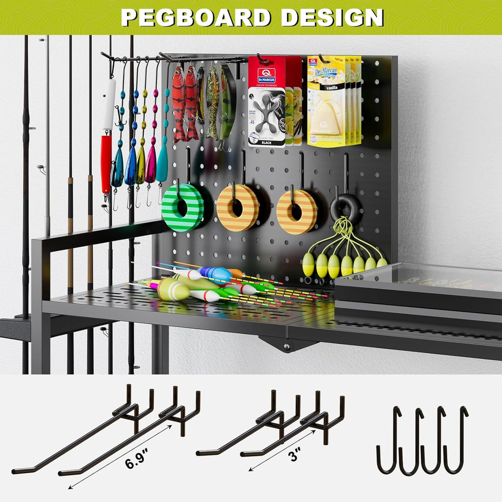Fishing Rod Holders for Garage, Fishing Rod Stand with Wheels and Pegboard, 3-Tier Pole Storage Rack with 8 Hooks and