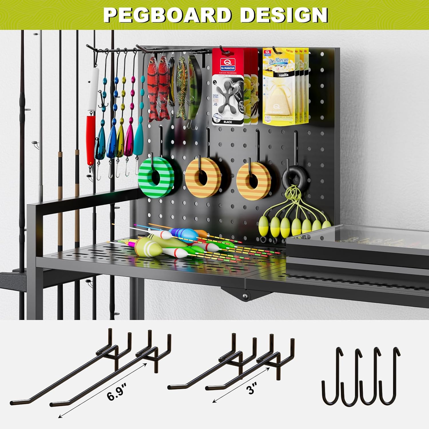 Fishing Rod Holders for Garage, Fishing Rod Stand with Wheels and Pegboard, 3-Tier Pole Storage Rack with 8 Hooks and