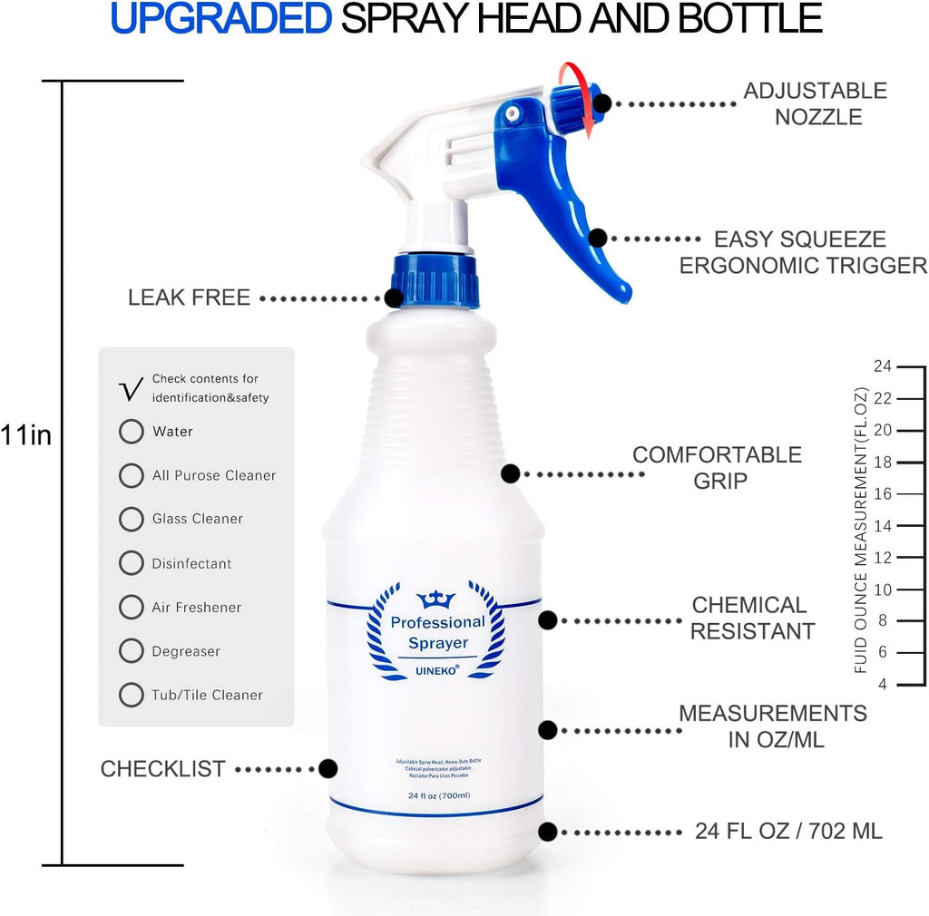 Plastic Spray Bottle (3 Pack, 24 Oz, 3 Colors) Heavy Duty All-Purpose Empty Spraying Leak Proof Mist Water Bottles