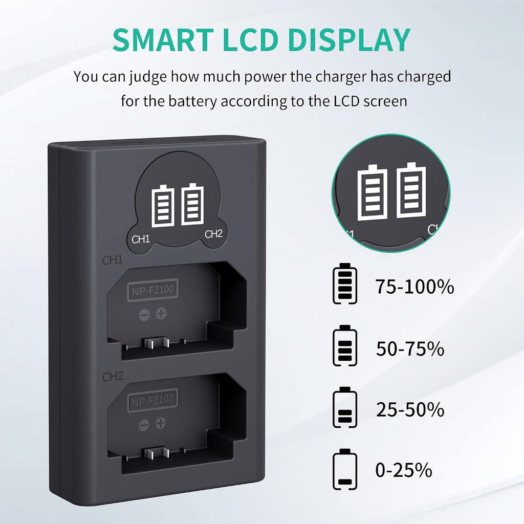 NP-FZ100 Camera Battery Charger, Dual USB Charger with LCD Display, Compatible with Sony A7iii, A7iv, A7C, A6700