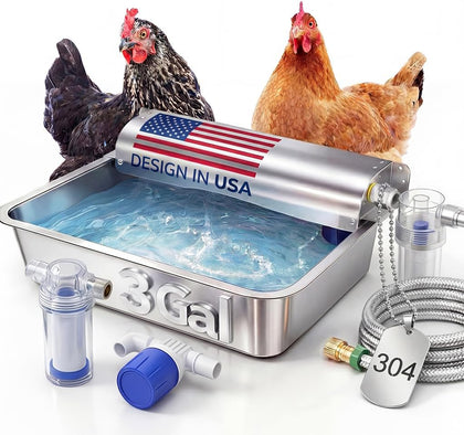 Automatic Chicken Waterer Real 304 Stainless Steel Metal | 3 Gallon Poultry Waterer with Upgraded Float Valve, Extra