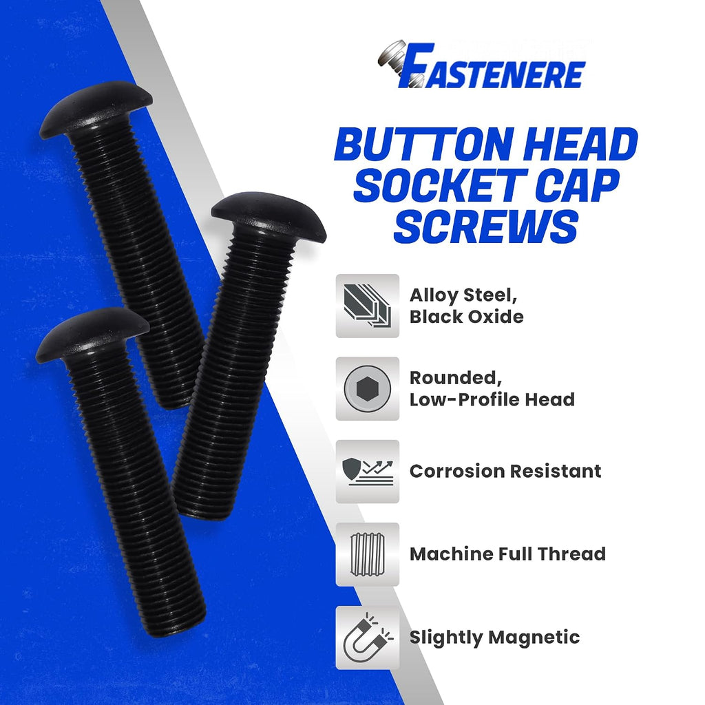 Fastenere Button Head Socket Cap Screws - 1/2-13 x 2 (10-Pcs) Alloy Steel, Fully Threaded, Fine Black Oxide Finish, Corrosion-Resistant, Machine Thread, Easy to Install w/Allen Hex Drive