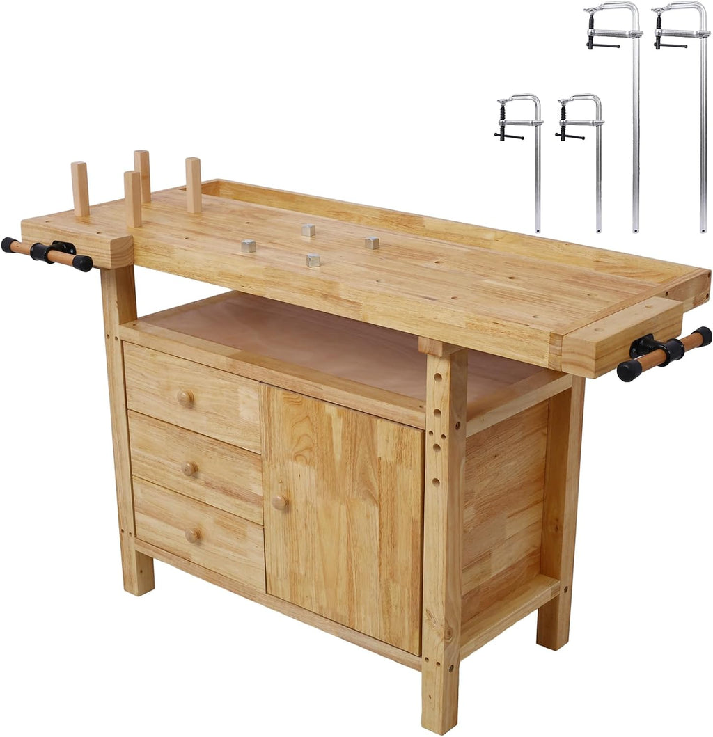 LifeSky Wooden Workbench with Storage & Clamps - Heavy Duty Garage Workshop Table for DIY Woodworking & Home Projects