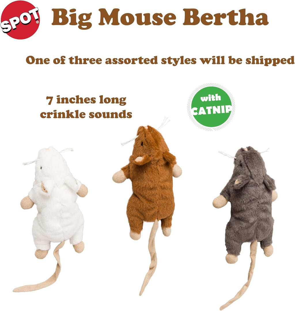 Big Mouse Bertha Cat Toy with Catnip – Lifelike Plush Mouse, Crinkle Sound, Large 7in Size, for Cuddling, Chasing