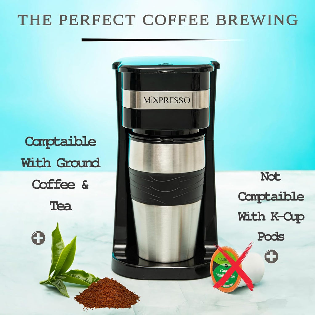Single Serve & Single Cup Coffee Maker with 14oz Travel Mug Black | For ground coffee only, reusable filter, auto