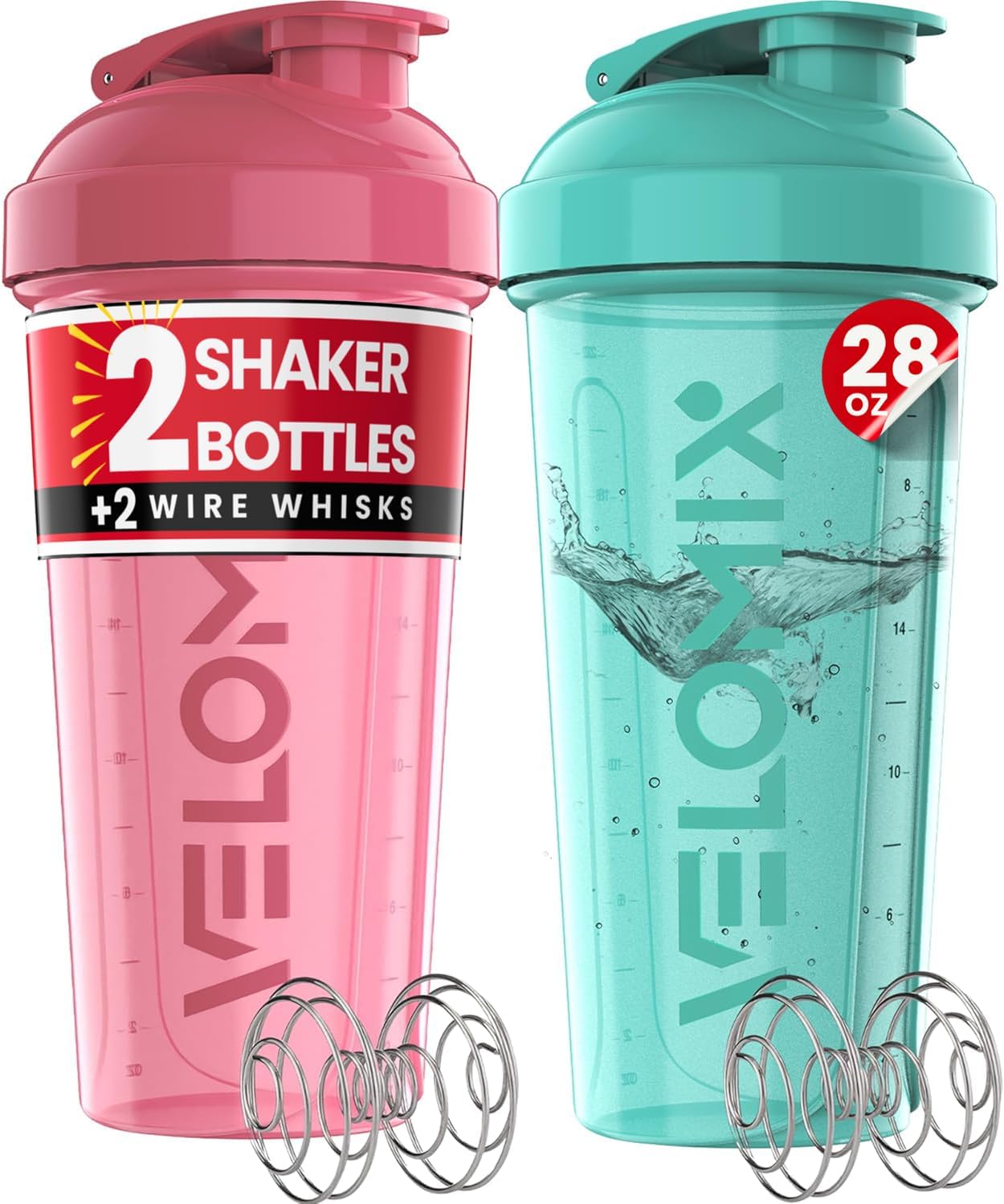 2 Pack 28oz Protein Shaker Bottle for Protein Mixes, Pink/Turquoise | 2x Wire Whisk, Leak Proof Shaker Cups for
