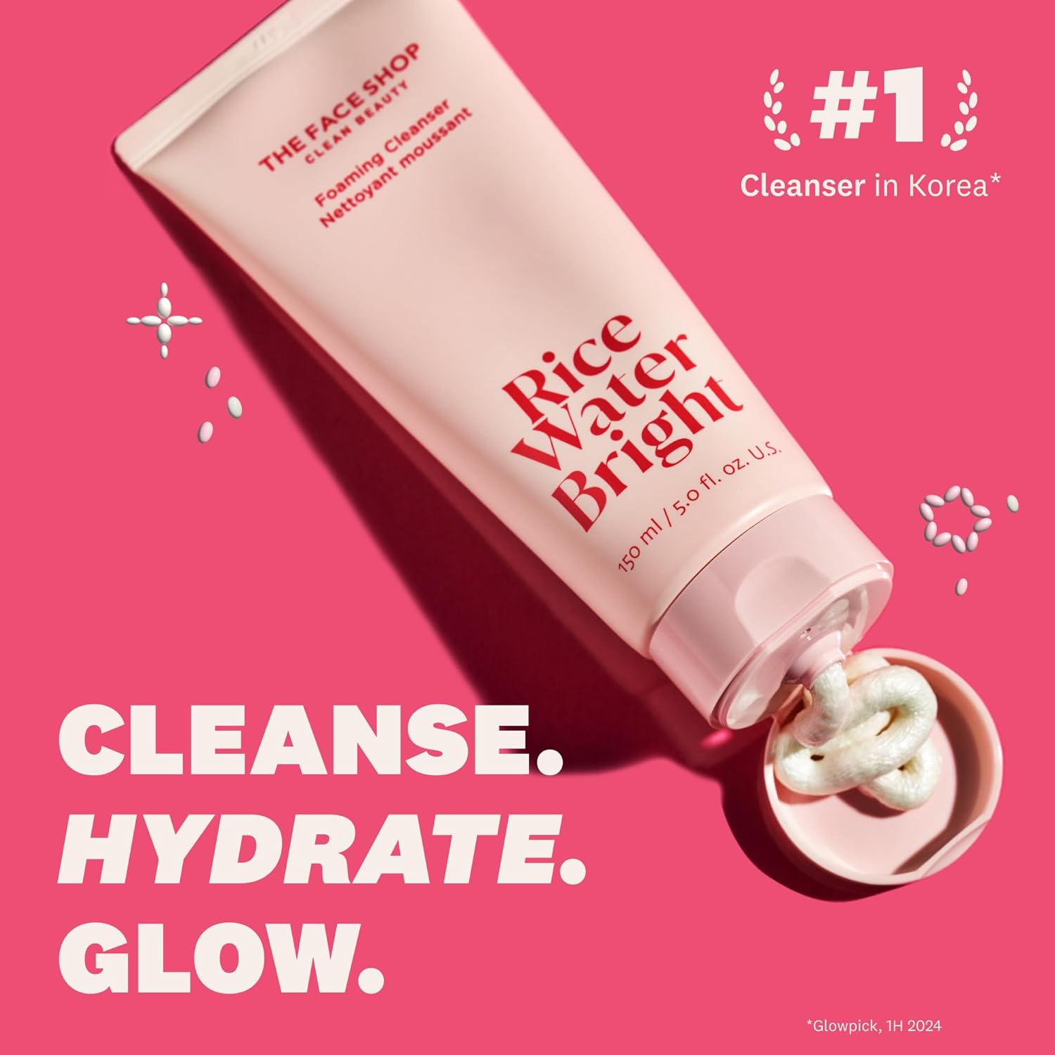 Rice Water Bright Foaming Cleanser, Hydrating Korean Face Wash with Ceramides, Deep Pore Cleansing, All Skin Types