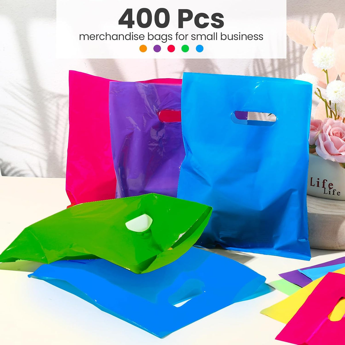 400 Pcs Shopping Bags with Handle Bulk 12 x 15 Inch, Multicolor