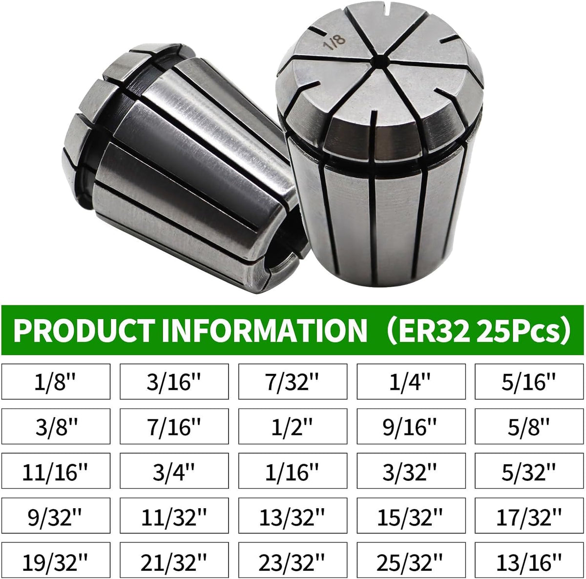 25Pcs ER32 Spring Collet Set 1/16"- 13/16"