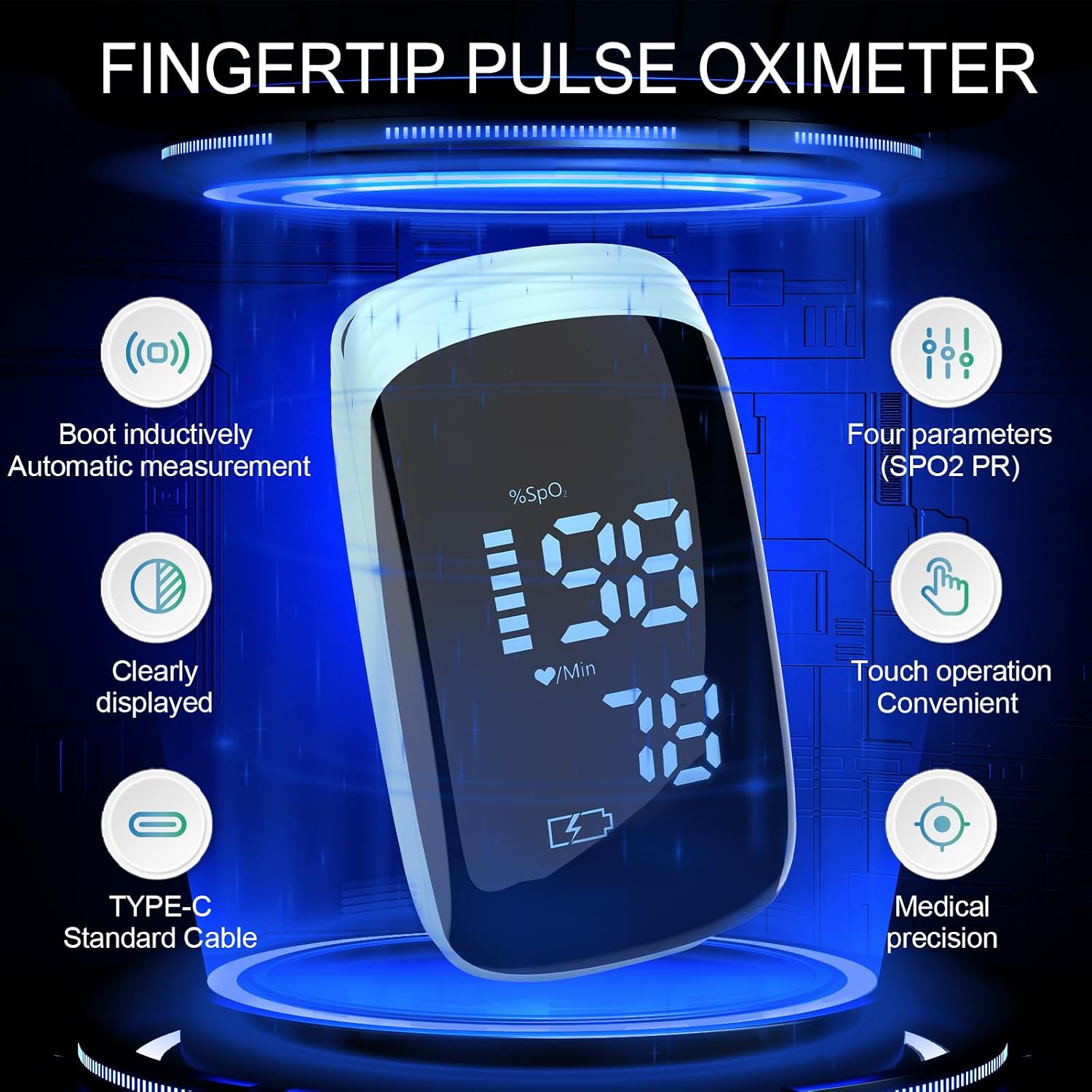 Fingertip Pulse Oximeter, Portable Rechargeable Oximeter Instant SpO2 & Accurate Heart Rate Reading for Adults