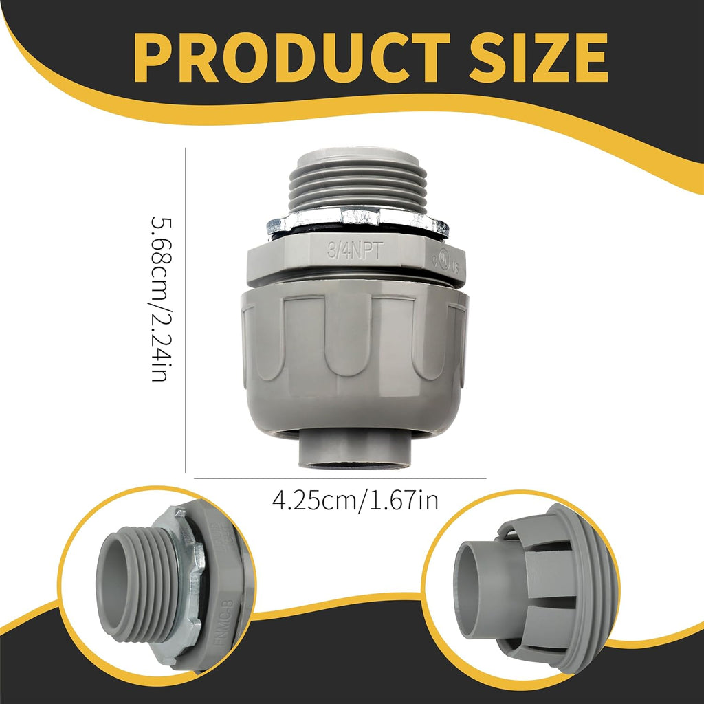 Conduit Connectors, 3/4 Inch, Straight, Grey, 5-Pack | Liquid Tight Connector, NPT, Non-Metallic