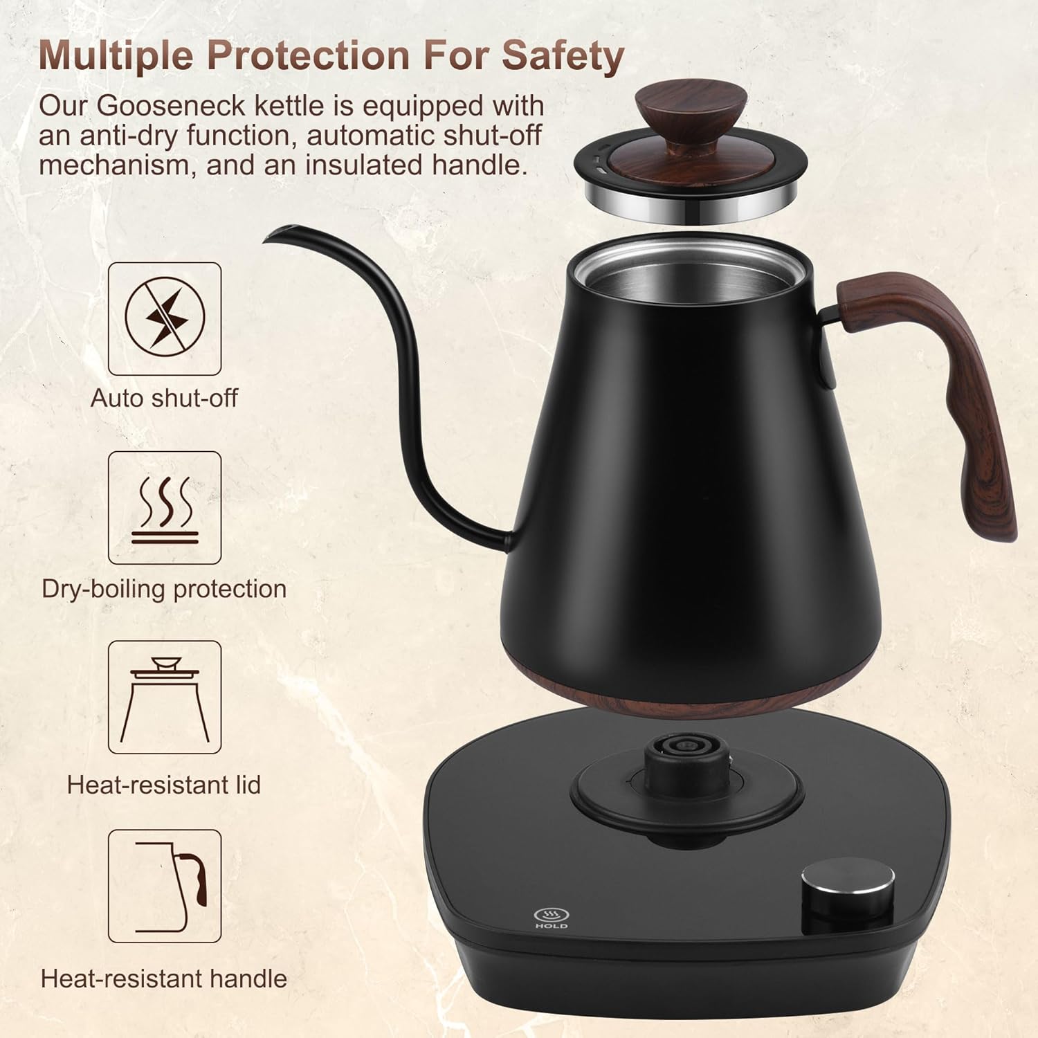 Gooseneck Electric Kettle, Intelligent Temperature Control, Stainless Steel Inner, Quick Heating, for Pour Over