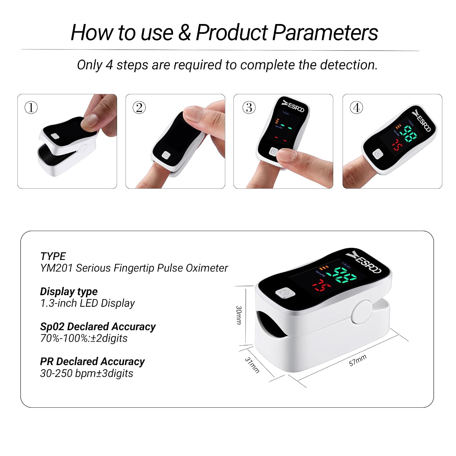 Fingertip Pulse Oximeter, Blood Oxygen Saturation Monitor (SpO2) & Pulse Rate Monitor with LED Display, Portable