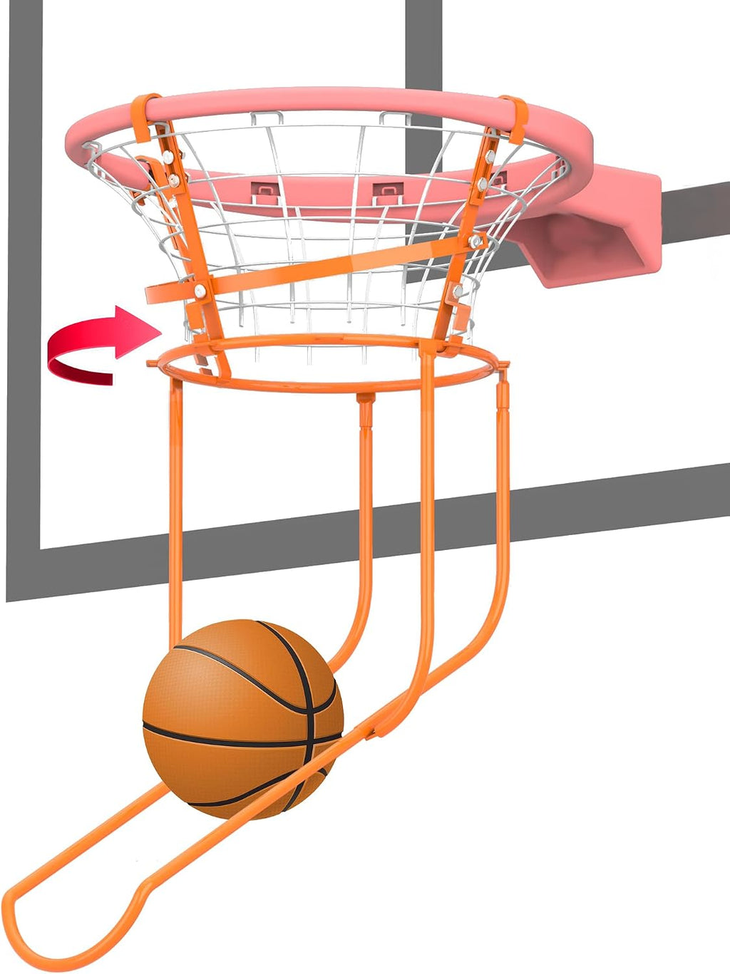 Rotatable Basketball Return Attachment: Heavy Duty Basketball Rebounder with Stable Large Hooks Set for 14"-18" Rim